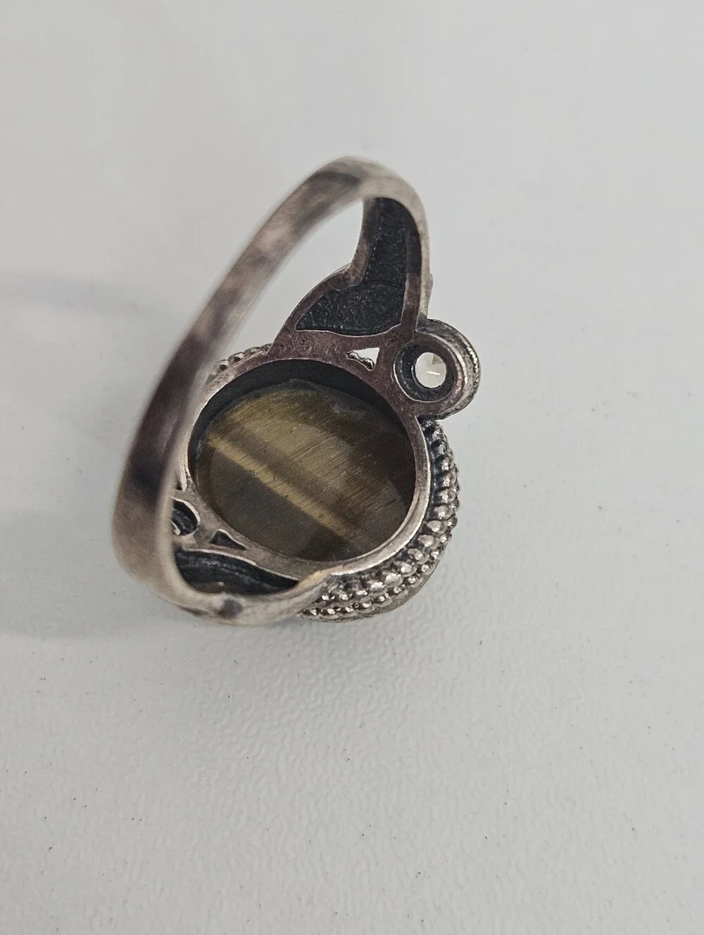 925 Tiger's Eye Gemstone Sterling Silver Leaf Detail Quartz Accent Ring Size 7